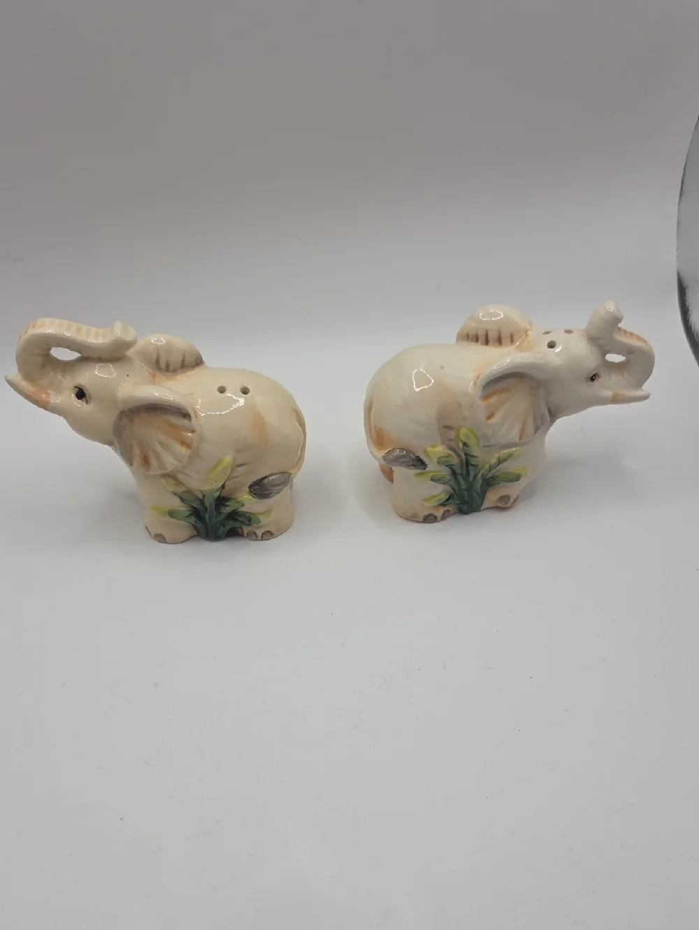 Ceramic Elephant Salt and Pepper Shakers - Cream with Green Accents